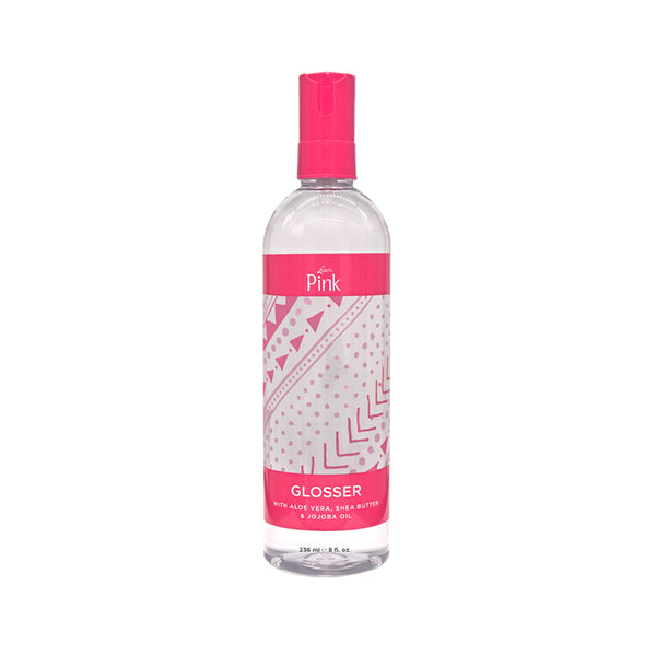 PINK Glosser clear spray bottle with pink cap and label pink hair glosser with shea butter for added shine