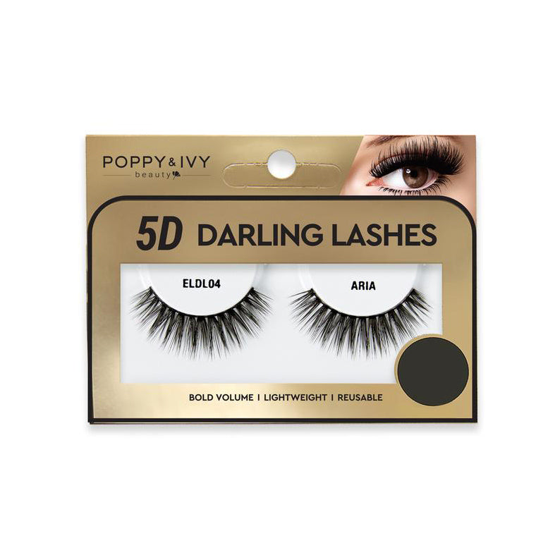 Packaged 5D mink lashes Aria false eyelashes in gold 5D Darling Lashes box showing full volume