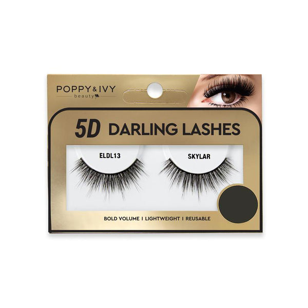 Packaged pair of 5D Skylar lashes in gold box showing bold volume lightweight reusable false eyelashes