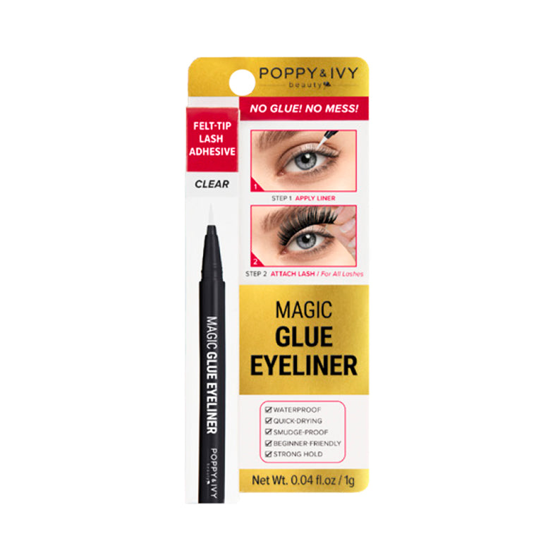 ABSOLUTE NEW YORK clear magic glue eyeliner felt tip lash adhesive pen packaging with eye application images