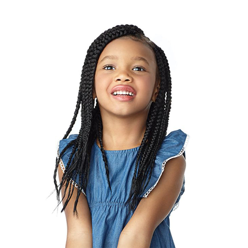 SENSATIONNEL pre-stretched kids braid hair worn by smiling girl in blue dress with long black braids