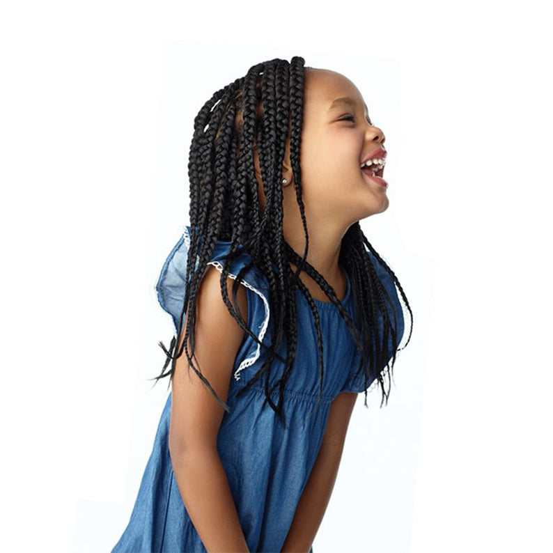 SENSATIONNEL pre-stretched kids braid hair on a smiling girl wearing a blue dress