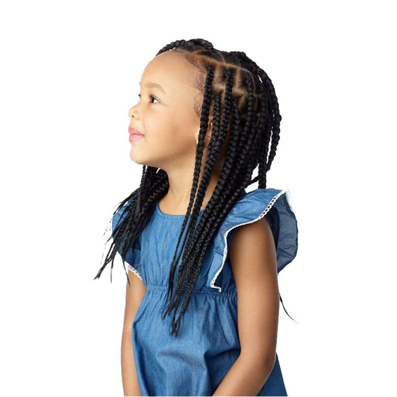 SENSATIONNEL pre-stretched kids braid hair styled on a young girl wearing a blue dress