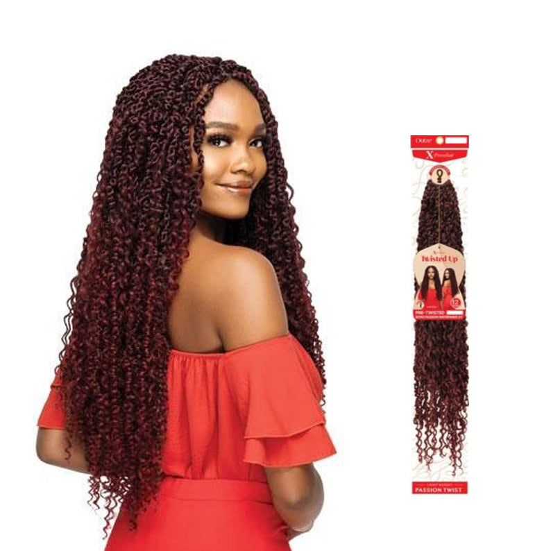 OUTRE pre-twisted boho passion water wave braid in dark burgundy worn by model