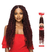 OUTRE pre-twisted boho passion water wave braid in burgundy worn by woman with long curly hair
