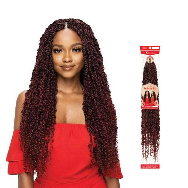 OUTRE pre-twisted boho passion water wave braid in burgundy worn by woman with long curly hair