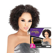 OUTRE Jerry curl weave 3 piece shown on a model with short curly hair and product packaging