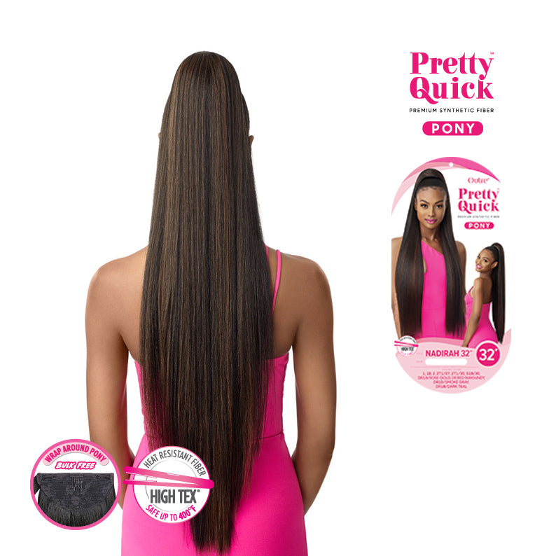 Nadirah 32 ponytail extension OUTRE long straight brown synthetic ponytail on model with product packaging