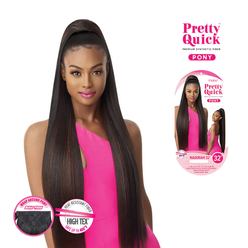 Outre Pretty Quick high heat resistant straight pony on model wearing Nadirah 32 ponytail extension long sleek