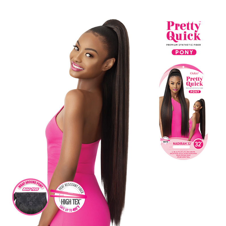 Nadirah 32 ponytail extension by OUTRE modeled as sleek long straight high ponytail with packaging shown