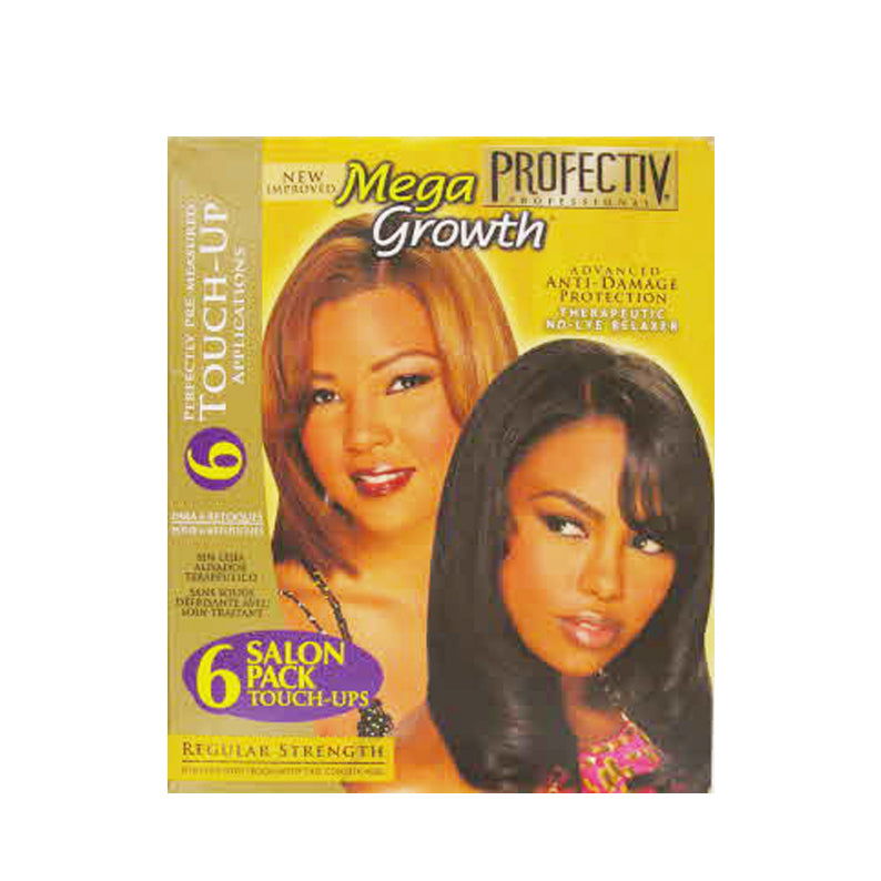 Box of Profectiv Mega Growth no-lye relaxer showing yellow packaging with two women with straightened hair