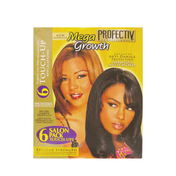 Box of Profectiv Mega Growth no-lye relaxer showing yellow packaging with two women with straightened hair