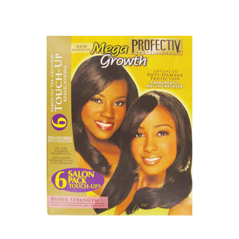 Boxed Profectiv Mega Growth no-lye relaxer packaging showing two women with smooth shiny straight hair and salon pack label