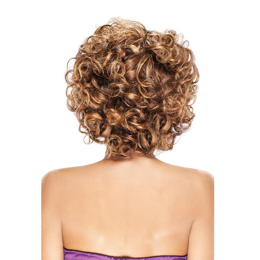 OUTRE romance curl weave bundle short honey brown tight curls wig shown from back on model shoulders