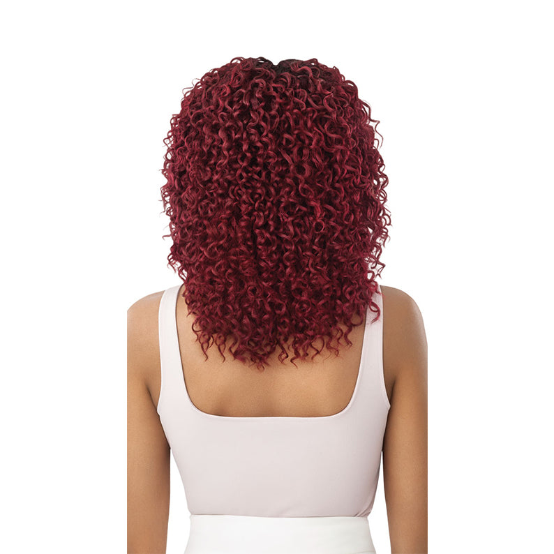 OUTRE wet and wavy boho curl wig in burgundy shoulder length with tight wet look curls back view