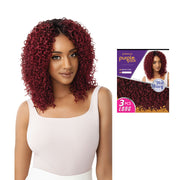 OUTRE wet and wavy boho curl wig burgundy shoulder length with dark roots on model and product pack