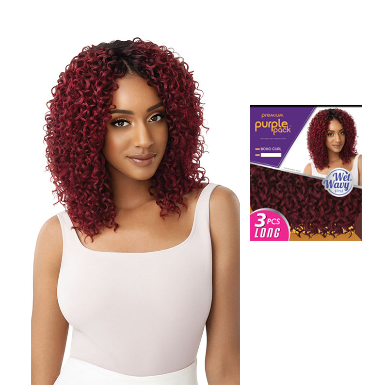 OUTRE wet and wavy boho curl wig burgundy shoulder length with dark roots on model and product pack