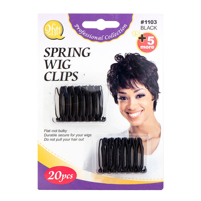 M and M spring wig clips for wigs black metal 20 piece pack on card with model wearing short wig