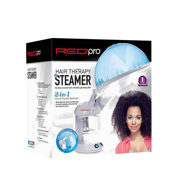 RED BEAUTY by KISS 2-in-1 hair and facial steamer box showing blue dome hood unit and model with curly hair