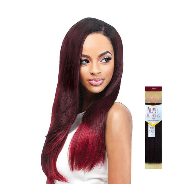 OUTRE Remi human hair yaki weave in dark burgundy worn by woman with straight long hair