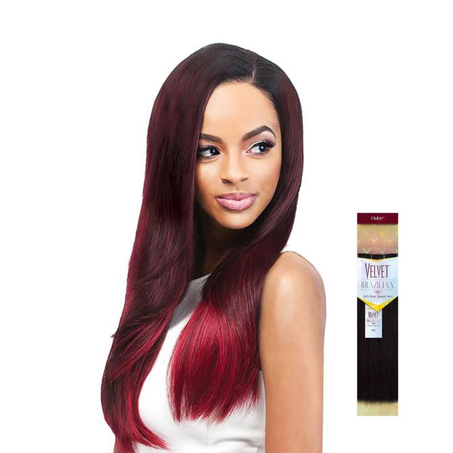 OUTRE Remi human hair yaki weave in dark burgundy worn by woman with straight long hair