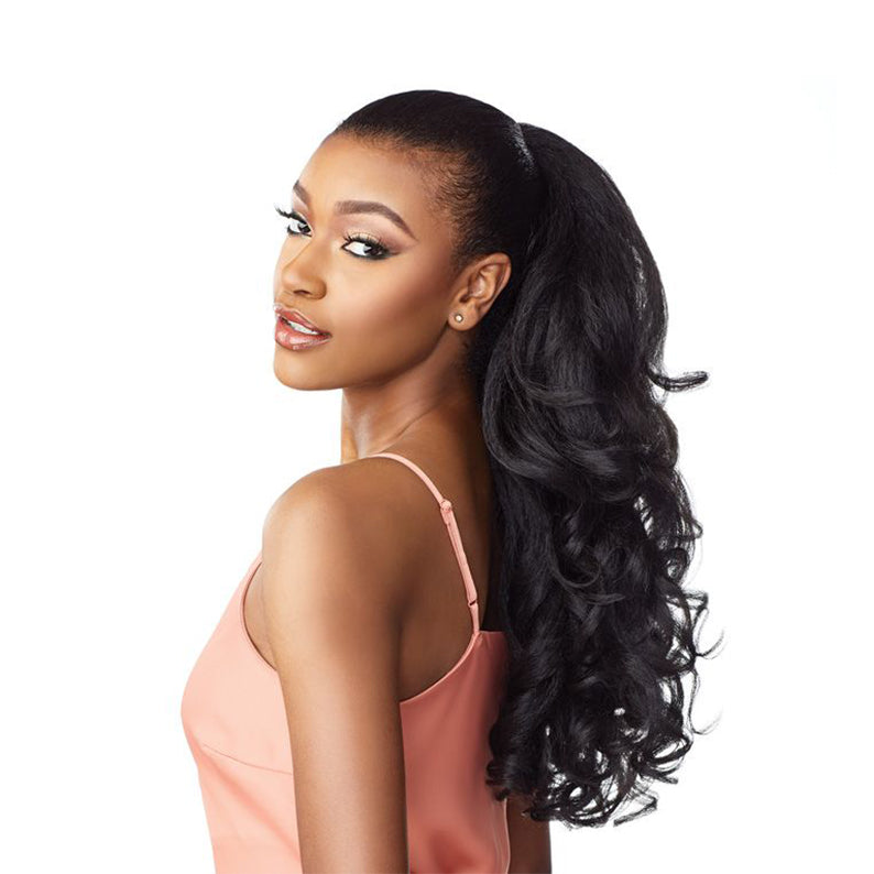 SENSATIONNEL instant weave drawstring half wig long voluminous wavy ponytail in natural black for easy styling