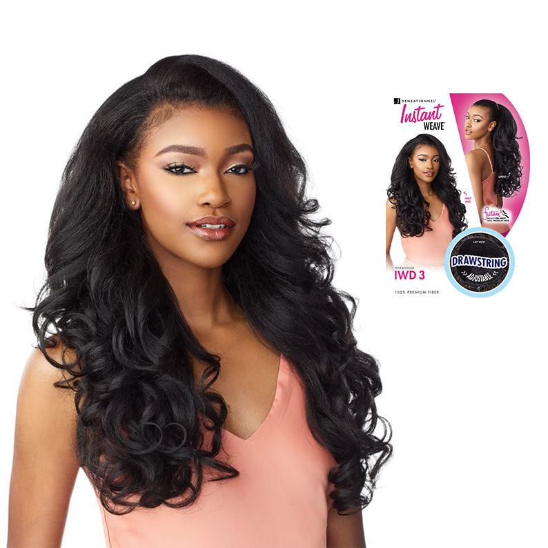 SENSATIONNEL instant weave drawstring half wig in long black voluminous loose curls with natural hairline