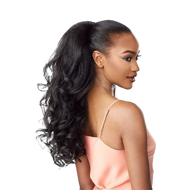 Model wearing SENSATIONNEL instant weave drawstring half wig long black curly ponytail for easy styling