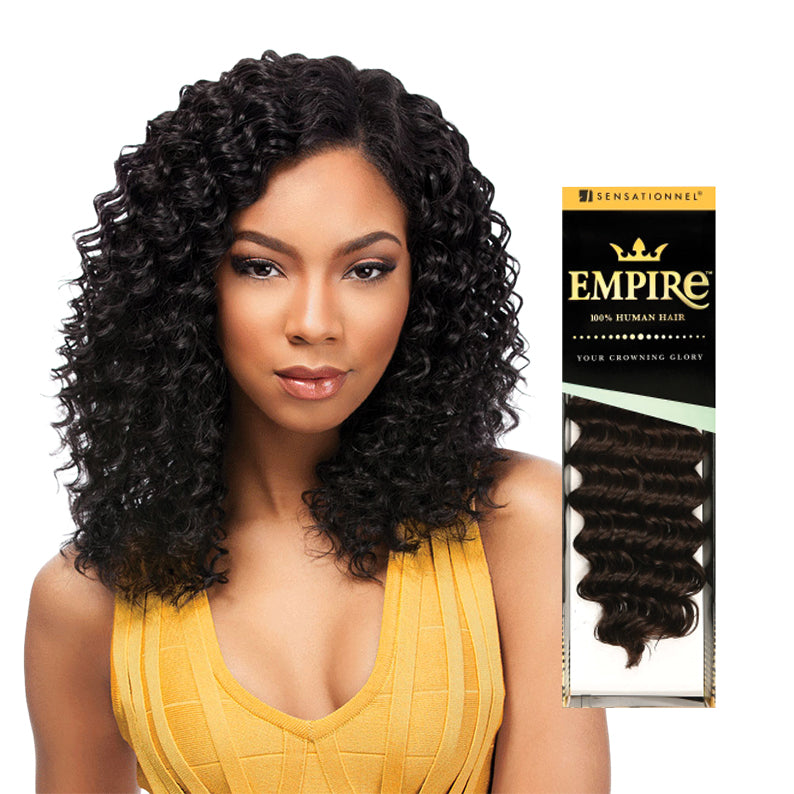 Sensationnel 100% human hair deep wave weave with a model showcasing deep curly black hair