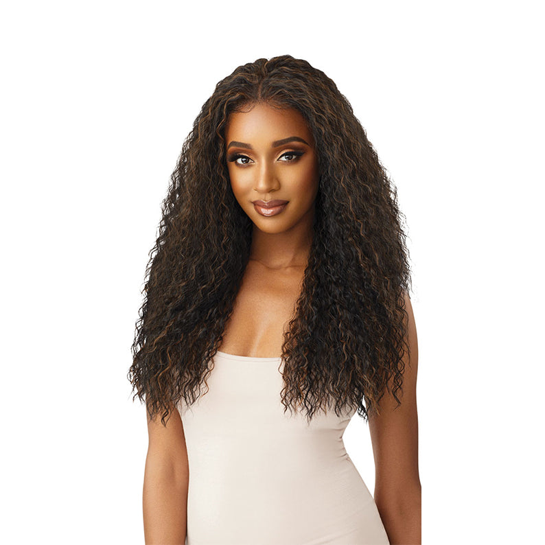 OUTRE 13x6 lace frontal wig long curly dark brown with honey highlights and natural middle part