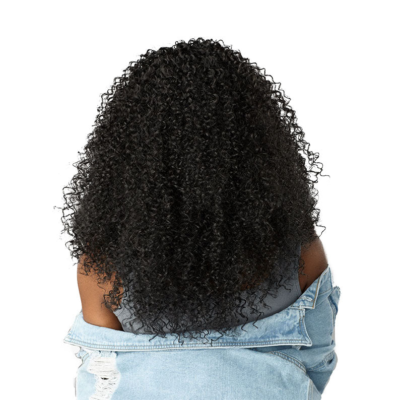 SENSATIONNEL 14 inch clip-in hair extensions in curly black texture worn by model with denim jacket