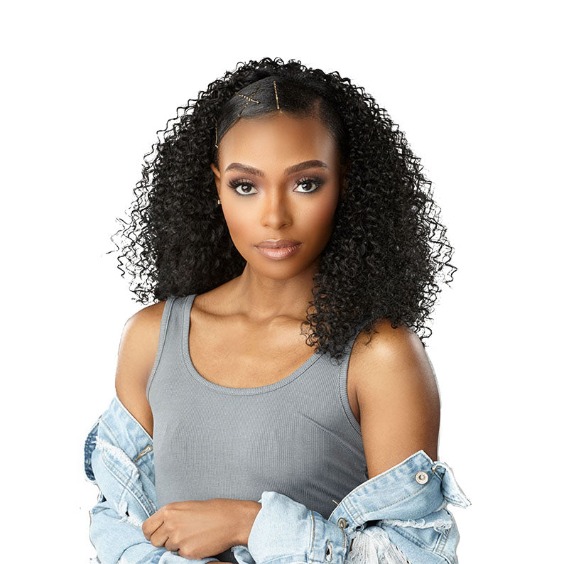 SENSATIONNEL 14 inch clip-in hair extensions with natural curly texture modeled by woman