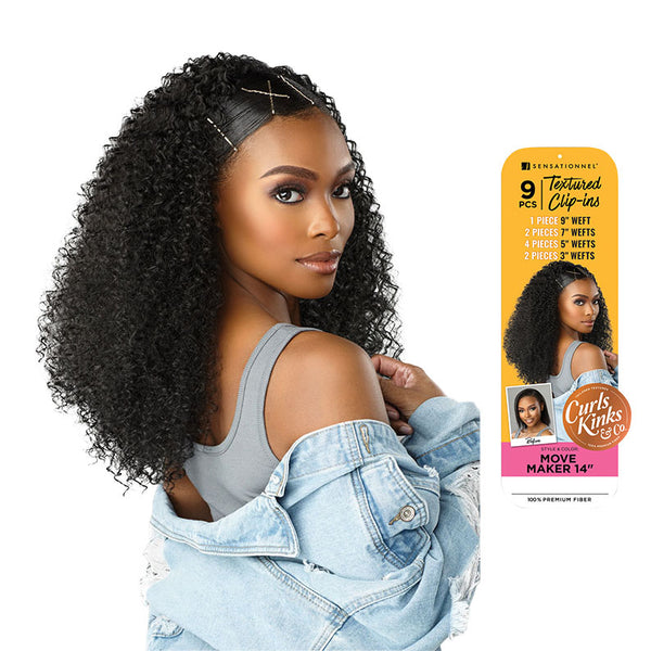 Sensationnel 14 inch clip-in hair extensions textured curls worn by woman with denim jacket