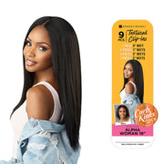SENSATIONNEL 18 inch clip in hair extensions Alpha Woman textured black straight hair with denim jacket