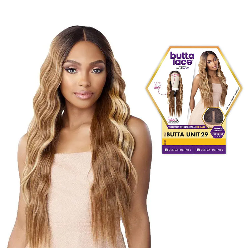 SENSATIONNEL butta lace unit 29 wig long wavy honey blonde with middle part lace front