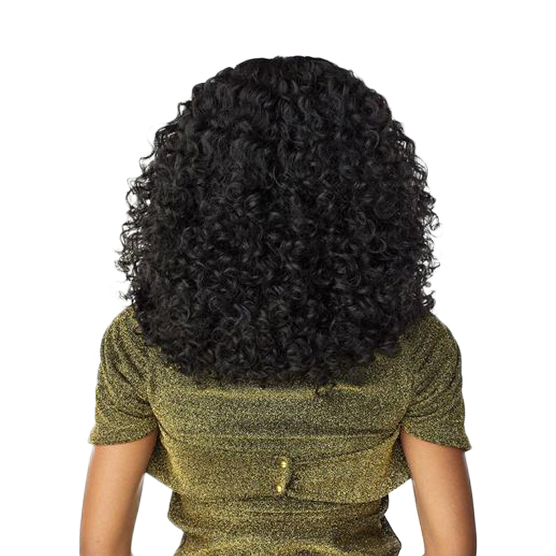 Back view of SENSATIONNEL Butta Lace Unit 5 wig in natural black with shoulder length tight curls on model