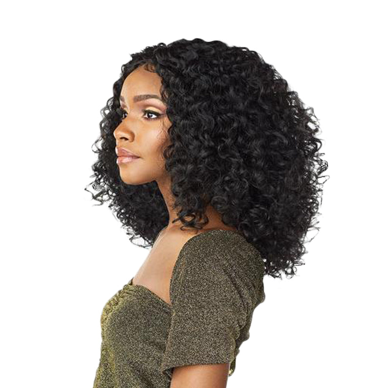 SENSATIONNEL Butta Lace Unit 5 wig black curly shoulder length natural looking deep curls on model