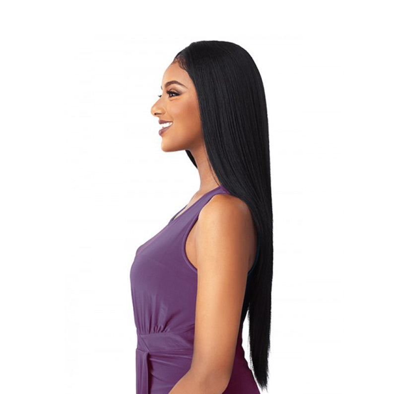 SENSATIONNEL Cloud 9 Janelle Swiss lace front wig long straight black hair on smiling side profile model