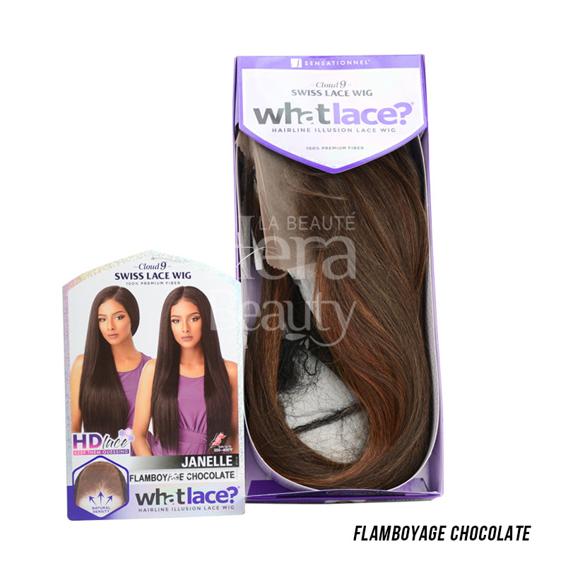 SENSATIONNEL Cloud 9 Janelle Swiss lace front wig. Flamboyage Chocolate in purple box with model card