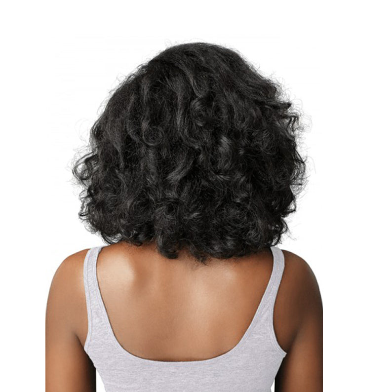 Back view SENSATIONNEL curly half wig for natural hair in short shoulder length black textured curls