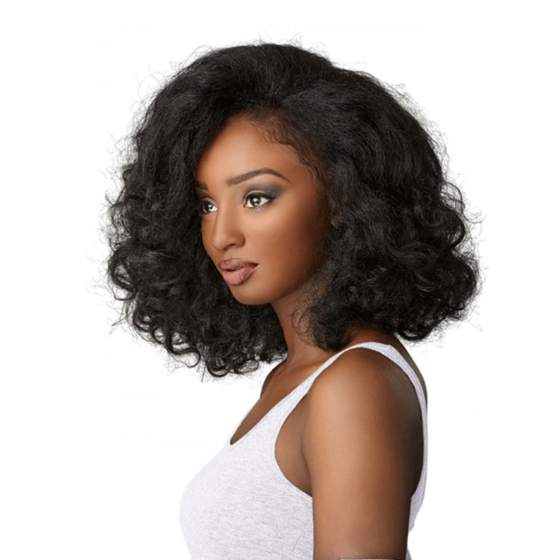 SENSATIONNEL black shoulder length curly half wig for natural hair worn by model with voluminous soft curls