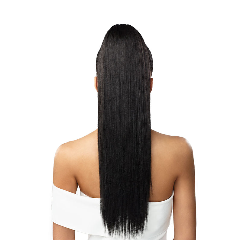 SENSATIONNEL Jojo ponytail extension straight long black high ponytail worn by model back view