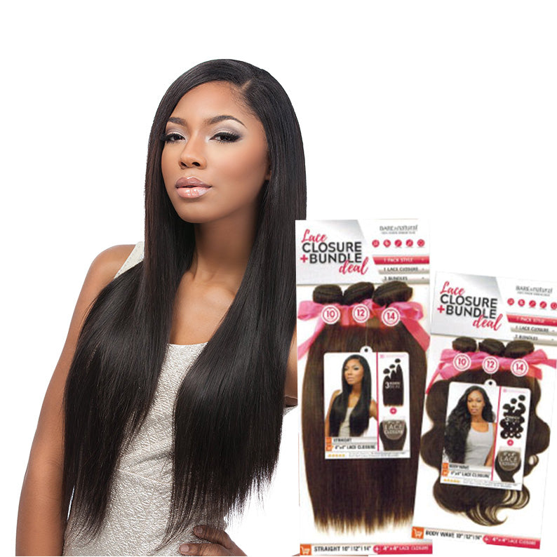 SENSATIONNEL lace closure bundle deal straight hair long sleek black model with product packaging