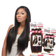 SENSATIONNEL lace closure bundle deal straight hair long sleek black model with product packaging