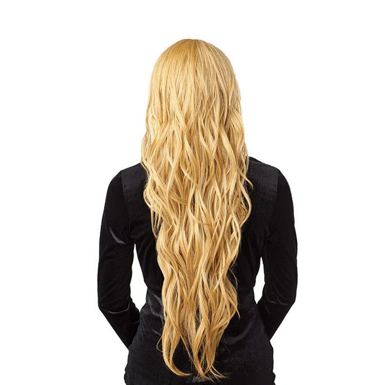 Back view of long wavy blonde wig on model wearing black top Sensationnel Vice Unit 12 lace front wig