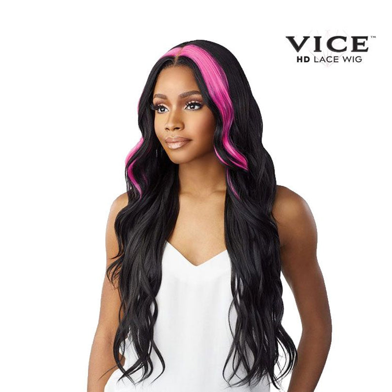 Sensationnel Vice Unit 12 lace front wig. Long wavy black wig with bold pink face framing highlights on model