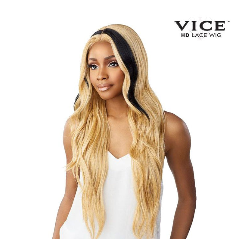 Sensationnel Vice Unit 12 lace front wig. Long wavy honey blonde wig with bold black center streak and HD lace front