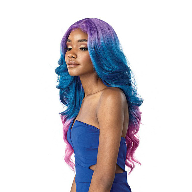 SENSATIONNEL shear muse lace front wig in purple blue pink ombre long waves on model in blue dress
