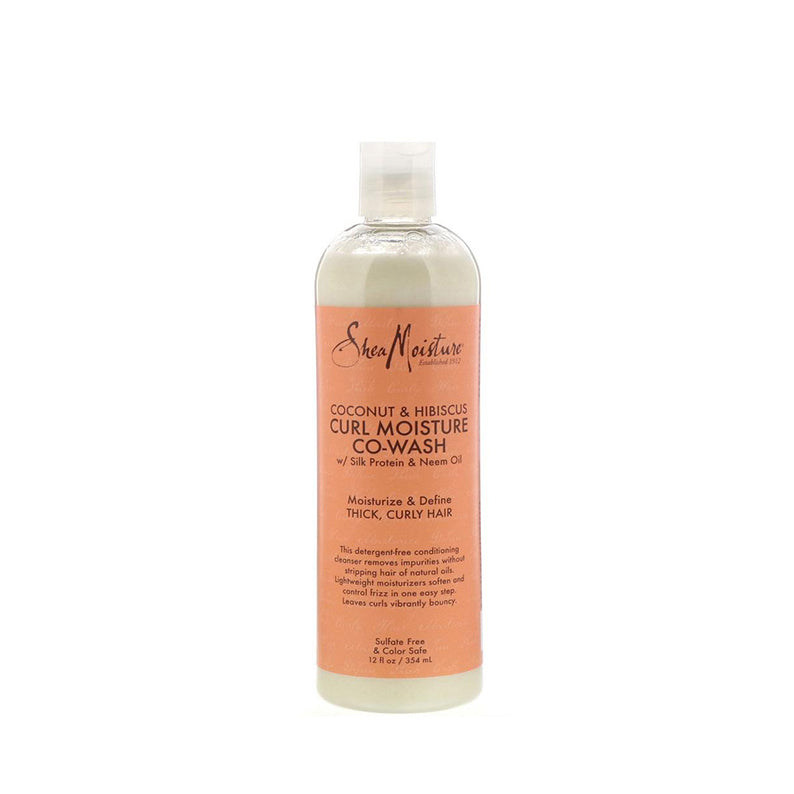 Shea Moisture coconut hibiscus co-wash for curly hair bottle with peach label for moisturizing thick curly hair
