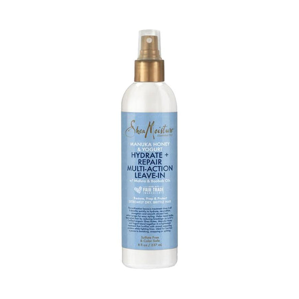 Shea Moisture Manuka Honey Leave-In Conditioner in spray bottle for hydrating and repairing dry hair